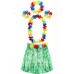 YETIŞKIN VE ÇOCUK UYUMLU LUAU ALOHA HAWAII YEŞIL ETEK VE RENKLI KOLYE TAÇ 2 ADET BILEKLIK SETI