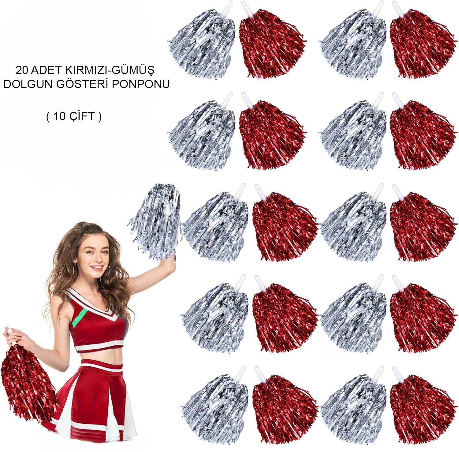 Kırmızı Gümüş Metalik Dolgun Gösteri Ponponu - 20 Adet (10 Çift)