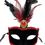 Kırmızı Tüylü Siyah Süet Kaplama Parti Maskesi