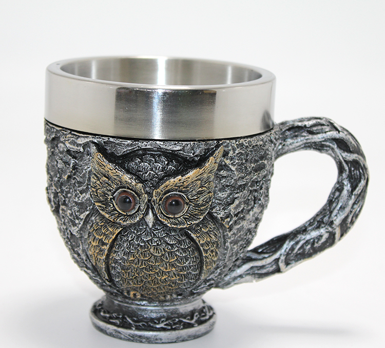 3D Kabartmalı Baykuş Büstü Paslanmaz Çelik Kupa Bardak