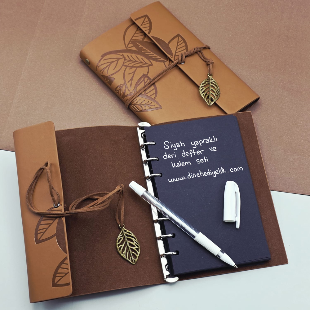 Siyah Yapraklı Deri Defter Ve Beyaz Jel Kalem Seti