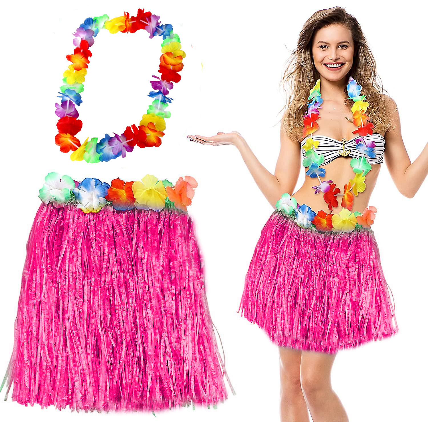 Hawaii Pembe Püsküllü 40 cm Etek ve Kolye Seti