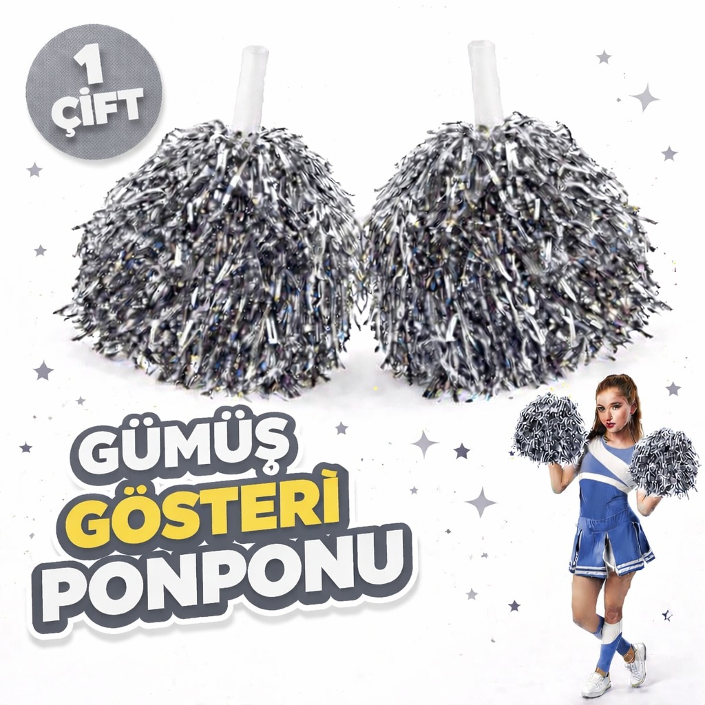 1 Çift Gümüş Renk Okul Gösteri Ponponları Ekstra Dolgun